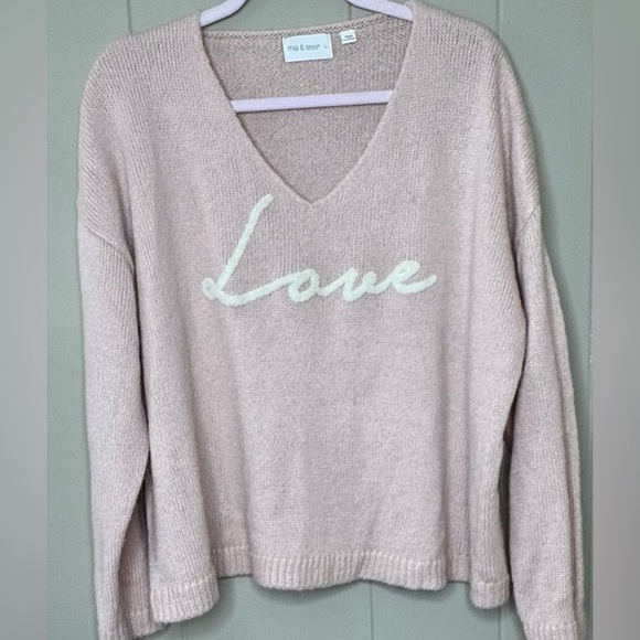 Mia & Tess “ Love” V Neck Knit Long Sleeve Rose Sweater Womens Large - Picture 10 of 11